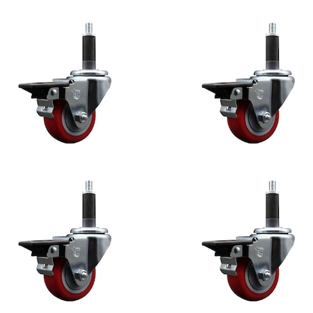 Service Caster 3'' Red Poly Swivel 1'' Expanding Stem Caster Set with Brake, 4PK SCC-EX20S314-PPUB-RED-PLB-1-4